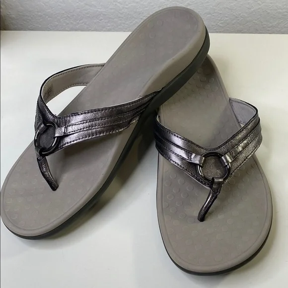Vionic Women's Aloe Leather Pewter Metallic Flip Flop Thong Sandals Size 11 - Picture 10 of 10